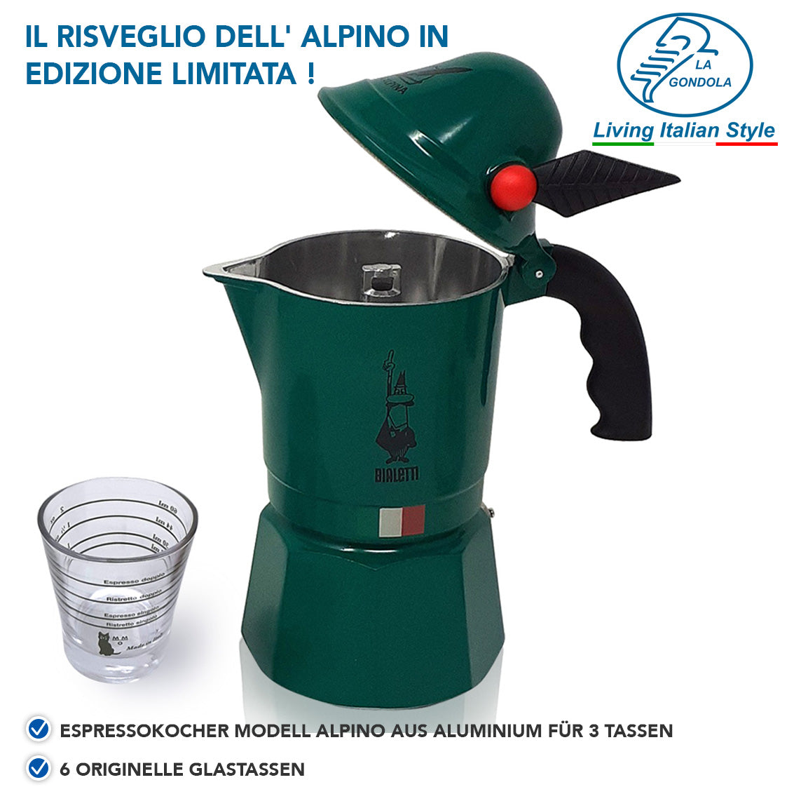 【モカポット（直火式）】 Bialetti Moka Alpina +  6 Glass Cup